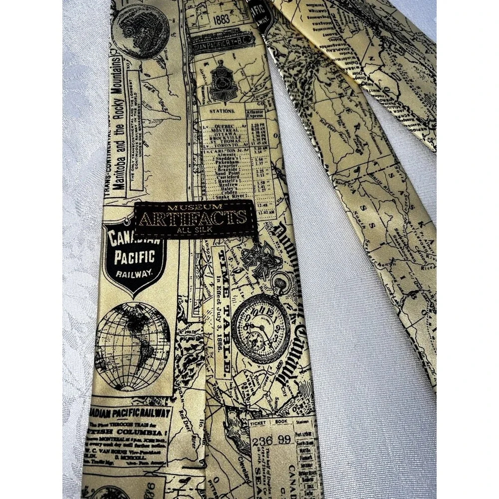 Museum Artifacts Canadian Pacific Railway 1886 Map Silk Tie Railroad NWOT